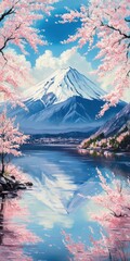 Fuji with lake, cherry blossoms, and spring.