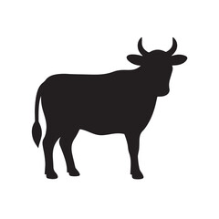 Black vector silhouettes of a wild bull and cute cartoon deer, farm mammals with horns
