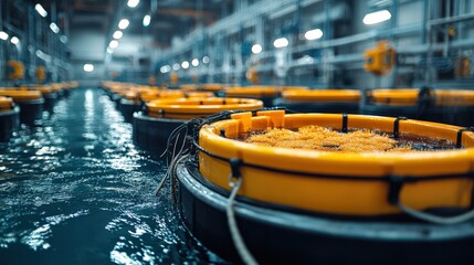 Obraz premium Industrial aquaculture facility with yellow floats in water tanks
