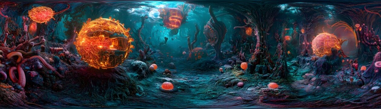 A vibrant underwater alien forest scene.