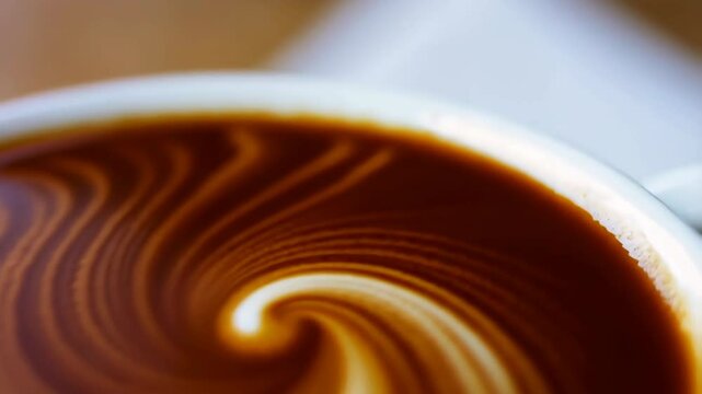 Close-up of a freshly brewed coffee with beautiful swirl art on the surface in a white ceramic cup. Enjoying a cup of joe.