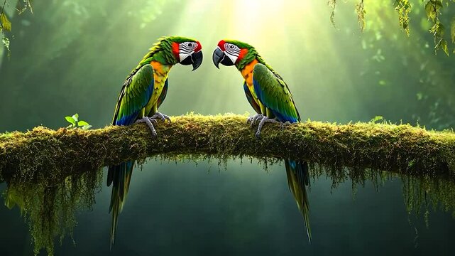 Two vibrant parrots face each other on a moss-covered branch in a sunlit forest