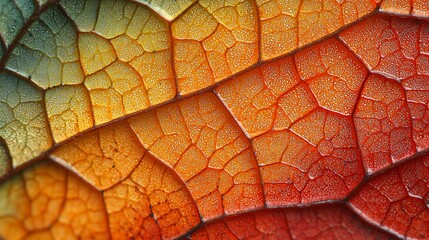 Close-up of leaf's intricate vein network, showcasing vibrant autumnal hues transitioning from green to red