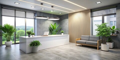 Modern minimalist reception area design with contemporary furniture and lush potted plants