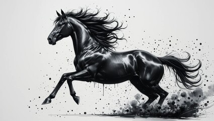 Dynamic Black Horse Running In A Splatter Art Style With Ink And Motion Effect