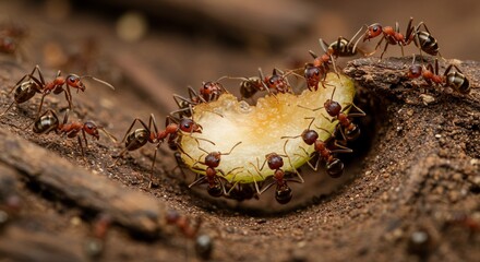 A group of ants working together to move food into the colony