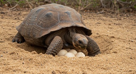 A turtle gently burying eggs in a sandy nest as a form of investment