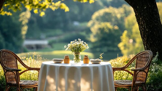 Serene Summer Dining: A romantic outdoor scene unfolds under the dappled sunlight.  A gracefully set table for two. A beautiful setting for dining or a moment of pause amidst nature's embrace.