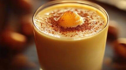 close-up of creamy yellow dessert topped with a dollop of butter and sprinkled with cinnamon in a glass cup