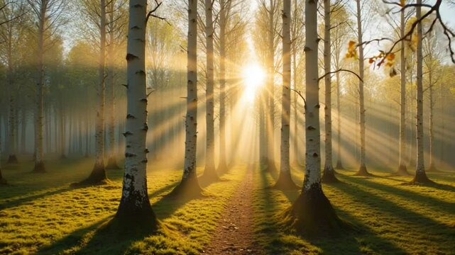 birch forest in sunlight in the morning