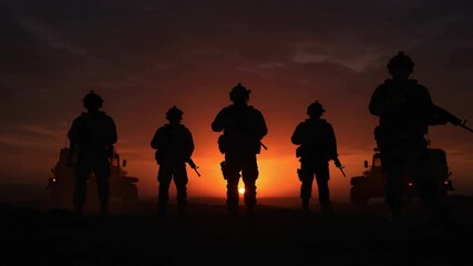 silhouette of Armed Soldiers on the Desert, Squad of Fully Equipped and Armed Soldiers Standing in Desert Environment in Sunset Light. silhouettes of Armed Soldiers, silhouette of a group, 