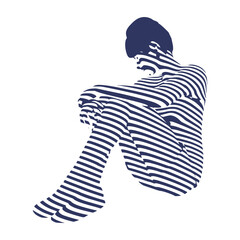 Tired woman represented in stripes. Life energy. Concept of productivity, effectiveness. Stress and burnout. Sexual assault and harassment concept.
