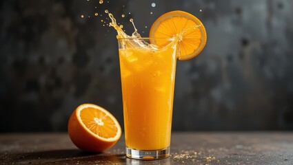 Refreshing Orange Juice Splashing in a Tall Glass with a Sliced Orange on a Table