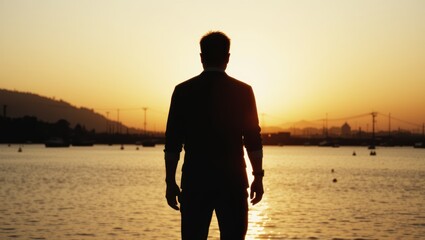 Silhouette of a Man Standing by Water at Sunset with a Serene Horizon View