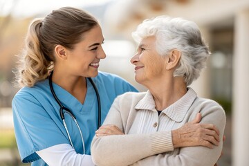 A female nurse caregiver holds hands to encourage and comfort an elderly woman. For care and trust in nursing homes for people of retirement age Caregiver helping elderly woman provides medical advice