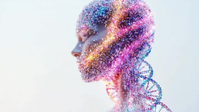 Genetic Abstract: A visionary fusion of art and science. The artwork depicts the human head formed with colorful particles of DNA, symbolizing innovation and scientific discovery.