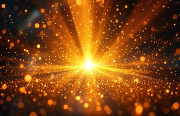 Obraz premium Bright golden light burst with glowing particles and bokeh effect creating a radiant and sparkling energy scene