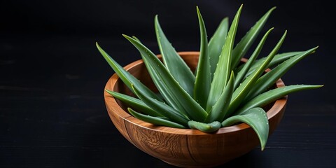 Fresh aloe vera leaves in rustic wooden bowl, dark background, fresh, tropical