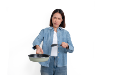portrait of young female wear blue jean are cooking isolate on white