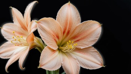 Beautiful Orange Pink Amaryllis Flowers with Delicate Petals Against a Black Background