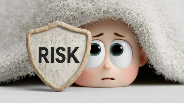 Worried cartoon child peeks from under blanket next to a wooden shield labeled 'RISK'. Clean lighting, white backdrop, locked-off framing.