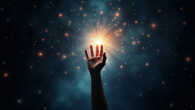 A hand reaching through a veil of stars, touching a mirror of light that reflects a parallel universe