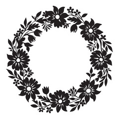 Floral Wreath Silhouette: A beautiful, intricate, and elegant silhouette of a floral wreath, perfect for design elements, adding a touch of sophistication and nature's grace.