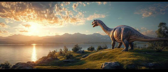 Fototapeta premium Large dinosaur standing on a grassy hill overlooking a calm lake at sunset with mountains and scattered clouds in the background