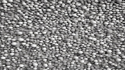 Tiny glowing orbs in monochrome white and gray, arranged in a rhythmic pattern against a matte black background