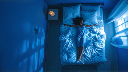 A person lies on a neatly made bed, dressed in a blue outfit, arms outstretched in a softly illuminated room. Sheer curtains filter gentle light, complementing the tranquil ambiance of solitude and re