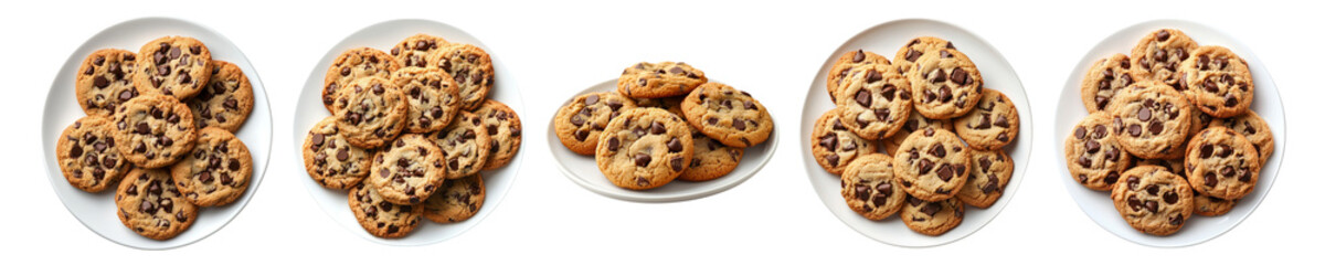 Freshly Baked Chocolate Chip Cookies on White Plates Displayed, Isolated on Transparent, white background