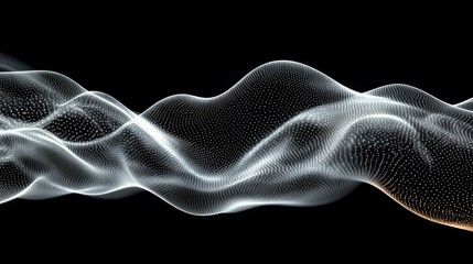 Abstract flowing wave of interconnected white dots on a black background creating a smooth, dynamic, and futuristic mesh structure