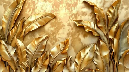 Golden tropical leaves 3D wallpaper on textured background, luxury art design style with ultra-high resolution, high detail, sharp focus, and intricate details. Seamless repeating pattern for interior