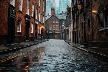Fototapeta premium Empty wet cobblestone street lined with old brick buildings and vintage street lamps under a misty sky with modern skyscrapers in the background