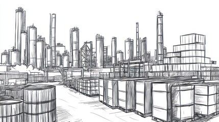 Obraz premium Industrial Cityscape Sketch Factory, Port, Cargo