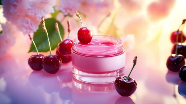 A jar of cherry flavored lotion is surrounded by a bunch of cherries. The cherries are arranged in a way that they look like they are floating on the lotion. Concept of freshness and natural beauty