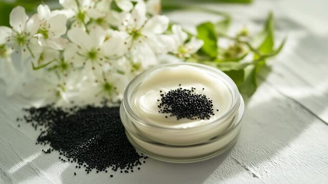 A jar of cream with black seeds on top of a white table. The jar is half full and the seeds are scattered around it. The jar is placed on a white table with a vase of flowers in the background