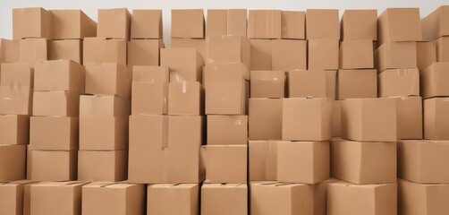 Neatly stacked brown cardboard boxes on pristine white background , horizontal, sustainable, still life