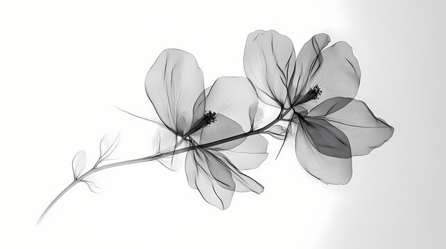 X-ray style grayscale image of delicate flower branch. [Spectral Bloom] | Shadow Bloom | dusk flower. Illustration