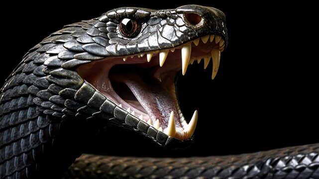 Black Mamba Threat: A close-up of a venomous black mamba snake with its mouth agape, revealing a row of sharp fangs and a forked tongue, against a stark black background.