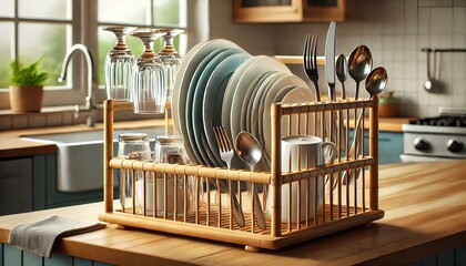 A bamboo dish rack with plates, glasses, and cutlery drying after washing