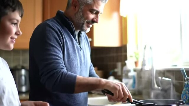 Father and son cooking pancakes together in the kitchen at home