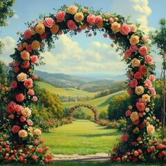 A vibrant garden with multiple archways covered in blooming pink and yellow roses overlooking rolling green hills under a bright sky