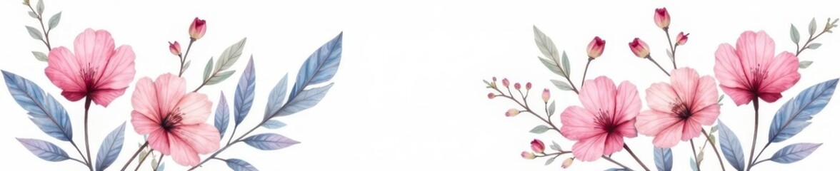 Delicate pink & blue watercolor flowers, feathers Vintage style, isolated , background, art