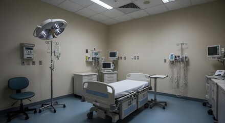 Empty hospital room with medical equipment in a photorealistic setting