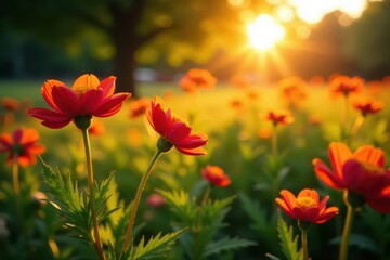 Obraz premium Long shadows stretch across vibrant wildflowers bathed in golden hour sunlight , bloom, long shadows, countryside