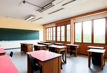 classroom with wooden interior, with modern theme, bright lighting, without any human being best quality