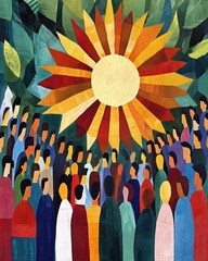 Crowd of people looking at bright sunburst against green foliage, for spiritual/community use