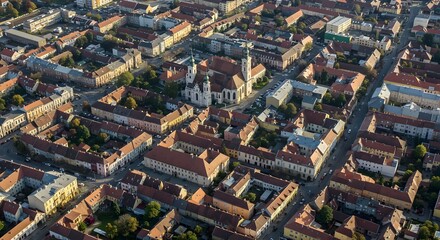 Obraz premium Cityscape Aerial View with Church, Buildings, and Street