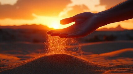 Close-up of a hand gently letting sand fall over a small sand mound with a glowing sunset creating a warm and peaceful atmosphere
